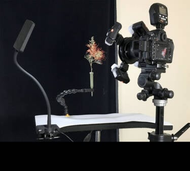 Behind the scenes image of David Leaser's focus stacking shoot of macro flower photography.